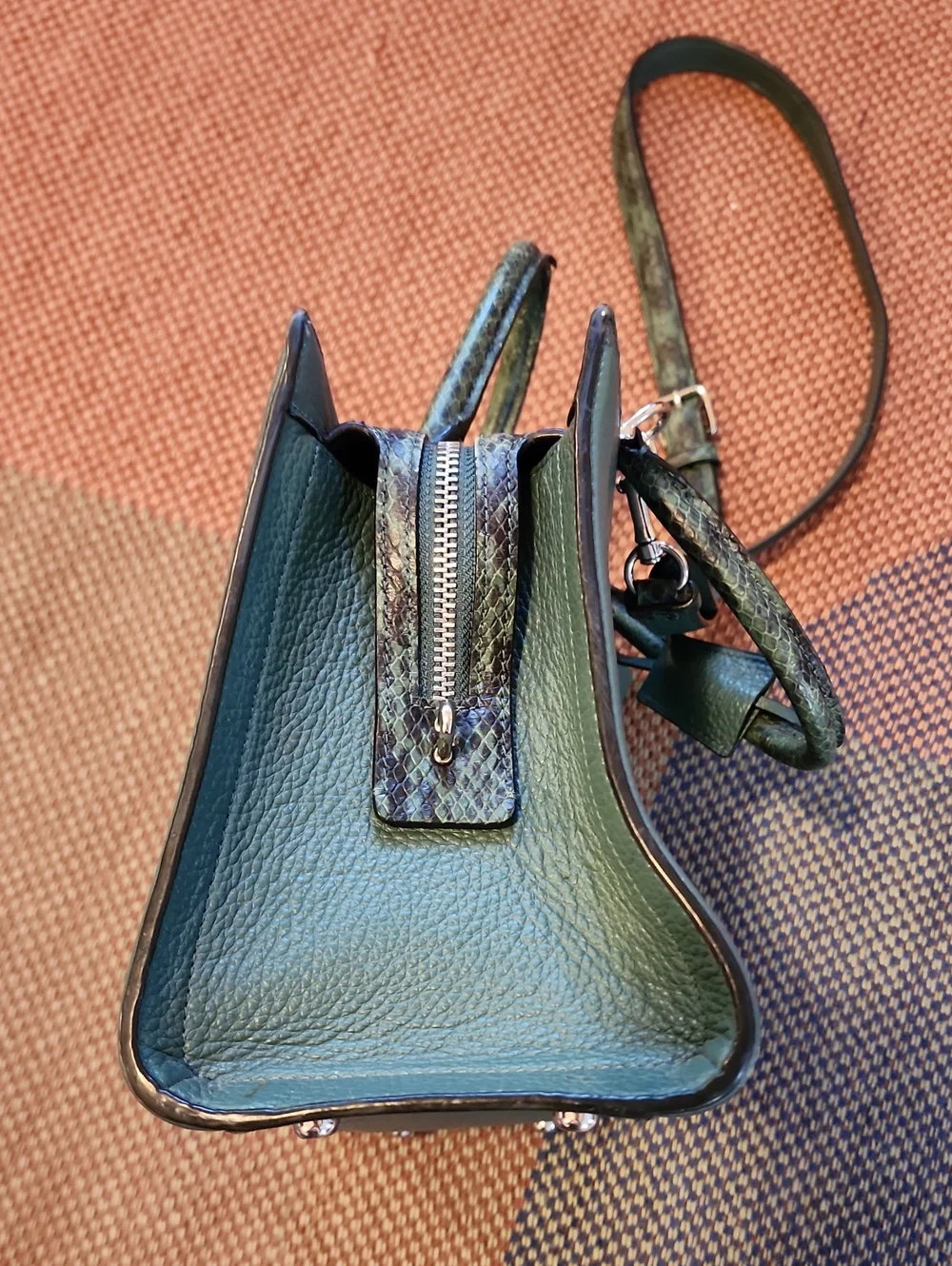 Coach Zoe Carryall 91026 Forest Green Pebble Leather Snake Embossed Satchel